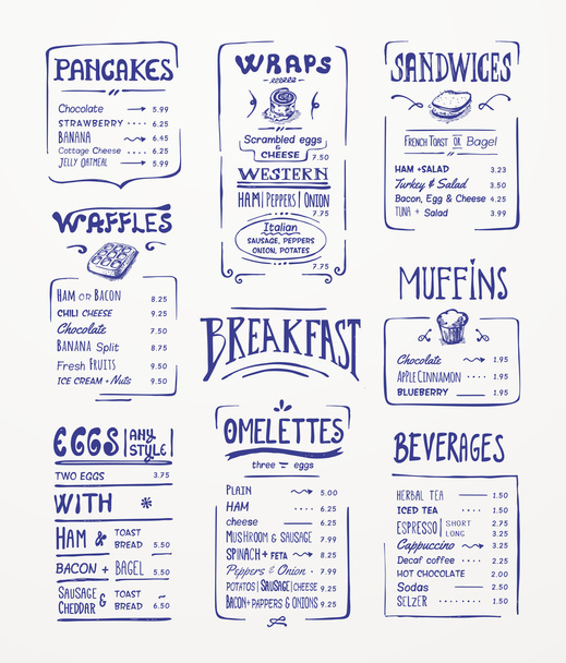 Breakfast menu. Blue pen drawing - Vector, Image