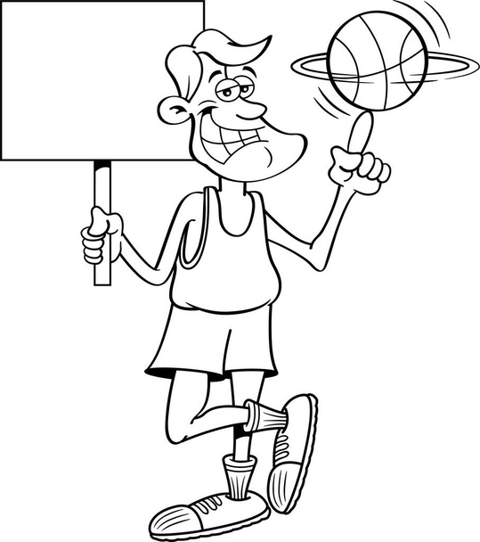 Elinde bir tabela tutarken parmağında basketbol topu döndüren gülümseyen bir basketbolcunun siyah beyaz çizimi. - Vektör, Görsel