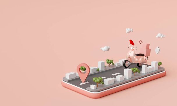 E-commerce concept, Υπηρεσία παράδοσης σε mobile εφαρμογή, Μεταφορά ή παράδοση τροφίμων με σκούτερ, 3d rendering - Φωτογραφία, εικόνα