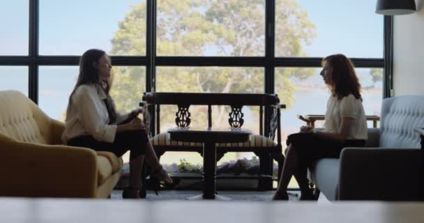 Due giovani donne che hanno una conversazione amichevole durante un incontro d'affari nella hall di un hotel. Tempo reale, possibilità.. - Filmati, video