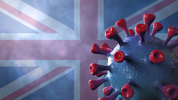 Covid İngiliz ve İngiliz versiyonu, İngiliz bayrağı taşıyan Coperid-19 virüsü.. - Fotoğraf, Görsel