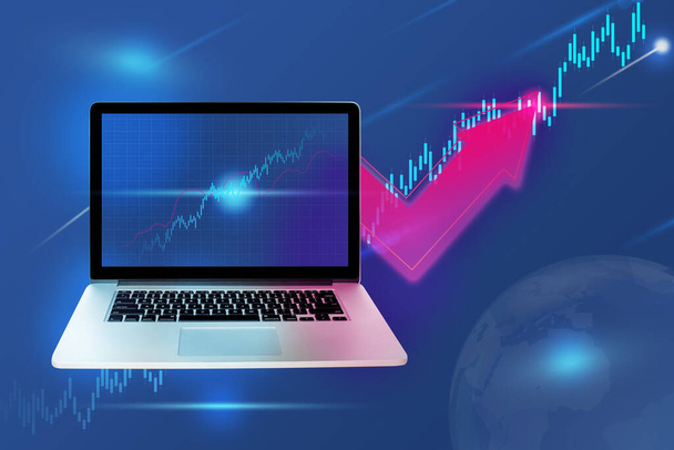 laptop számítógép pénzügyi grafikonok és statisztikák monitoron. értékesítési adatok és gazdasági növekedési grafikon. Üzleti stratégia. Digitális marketing. - Fotó, kép