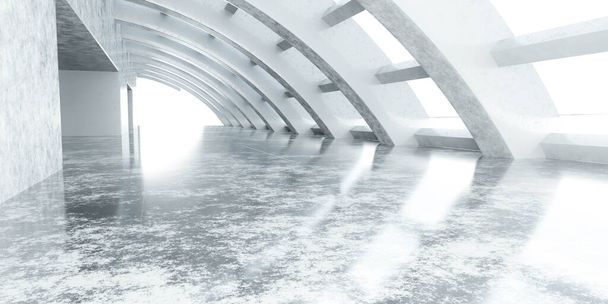 abstrakcyjny biały port lotniczy hala z błyszczącym betonu powierzchni hali 3d renderowania ilustracji - Zdjęcie, obraz
