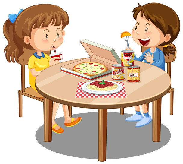 Две симпатичные девушки наслаждаются едой на столе на белом фоне иллюстрации - Вектор,изображение