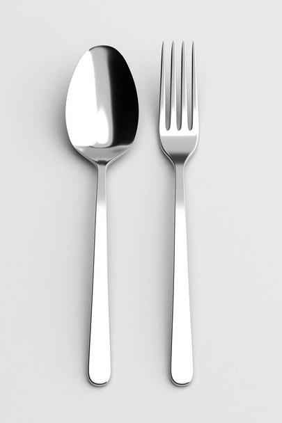 Fork and spoon. Photo realistic 3D illustration. Cutlery, kitchen silverware. For use in menu, restaurant printables, web site. - Foto, Imagem