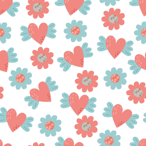 Seamless pattern with pink flowers and heart - Vektör, Görsel