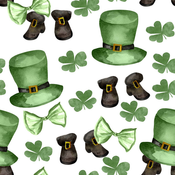 St. Patrickin kuvio, jossa kuva apila, hattu ja kengät koristeluun, esitteet, web, matkamuistoja, suunnittelu, tulostaa, kääre. - Valokuva, kuva