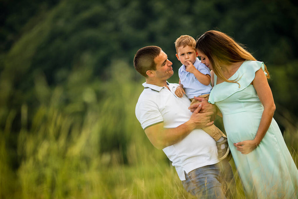 Young family having fun outdoors in the summer field - Fotoğraf, Görsel