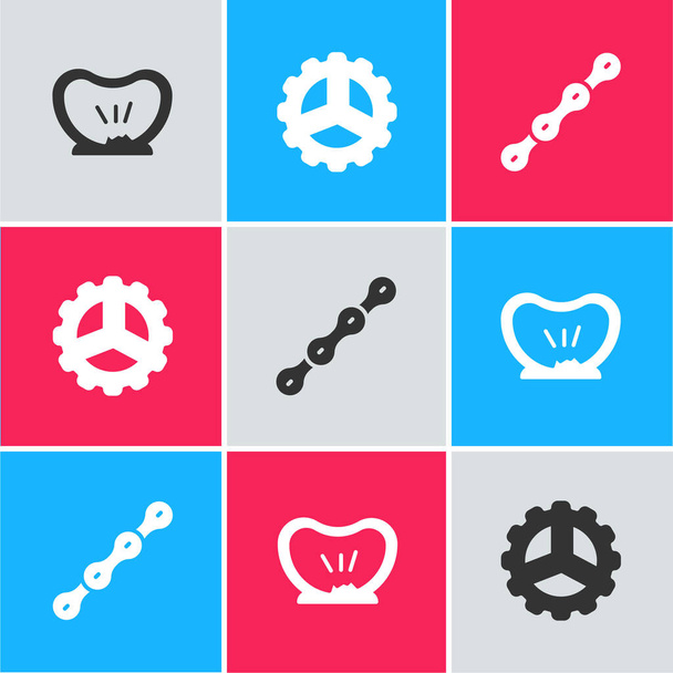 Set Bicycle punctured tire, sprocket crank and chain icon. Vector. - Vector, Image