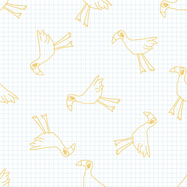 Cute rainbow scribble bird kids doodle background. Hand drawn whimsical motif seamless pattern. Naive simple happy character cartoon for minimal baby fashion, nursery decor, neutral unisex. - Vector, Image