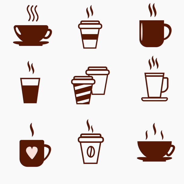 graphic icons on the theme of hot drinks tea and coffee in cups and cups - Vector, Image