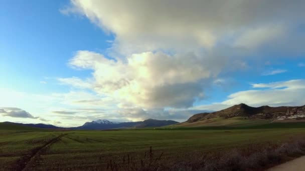 Paesaggio cerealicolo verde rurale e agricolo con nuvole e villaggio in una vista time lapse. Piemonte paese, Navarra, Spagna, Europa. - Filmati, video