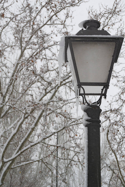 IJspegels op de straatlantaarns van Madrid. IJs dat op koude dagen hangt. Landschap vol witte sneeuw. Verticale fotografie. - Foto, afbeelding