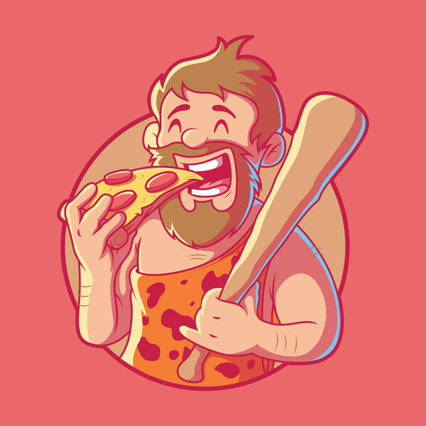 Кавеман їсть скибочки піци Векторні ілюстрації. Вулична їжа, традиції, концепція дизайну фаст-фуду
. - Вектор, зображення