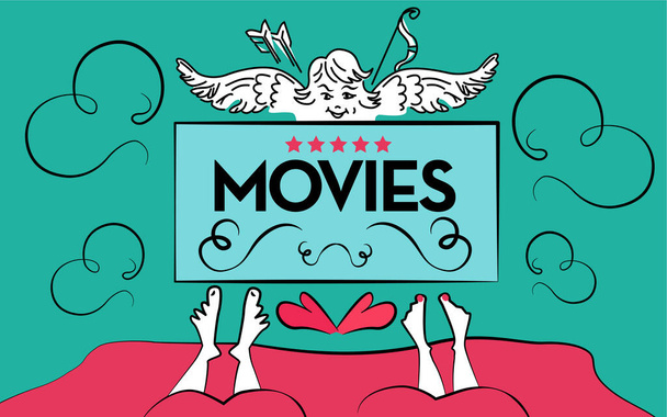 Valentines Day Romantic Movies. Facebook Cover, web site page. Couple of people in love in bed before home theater, TV set, monitor. Vector Illustration, Banner, advertising - Vector, Image