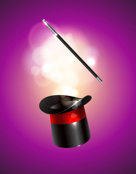 Magic vector background. Vector illustration. Magic cylinder hat and wand with magical glow. - Вектор, зображення