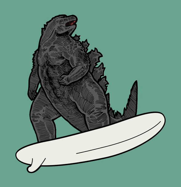 Godzilla auf Surfbrett isolierte Zeichenvektorillustration. Japanischer König aller Monster Surfer Illustration.. - Vektor, Bild