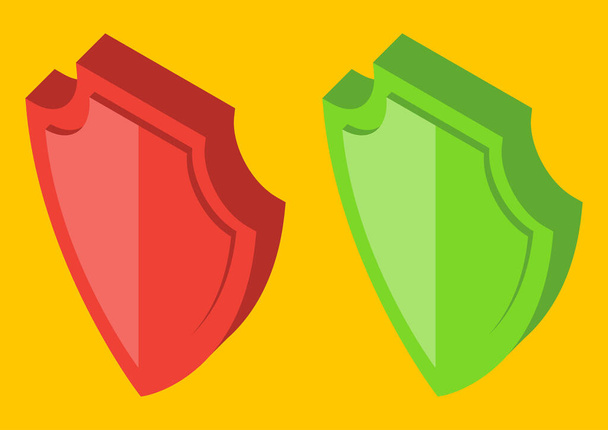 Biztonsági pajzsok piros és zöld színben. 3D pajzsok, ikonok. Biztonsági izometrikus ikonok. Páncél izometrikus lemez. A biztonság és védelem szimbóluma. Sárga alapon izolált vektor - Vektor, kép