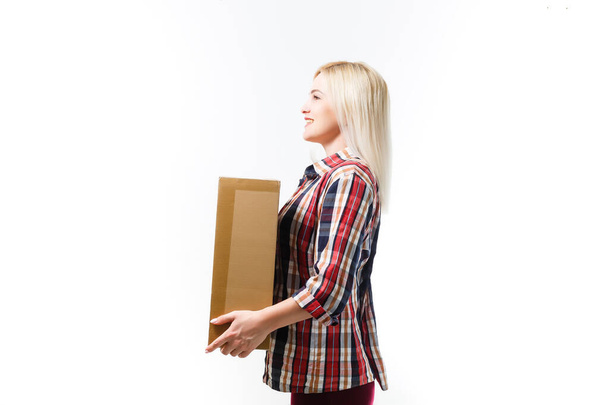 picture of attractive businesswoman delivering cardboard box - Fotó, kép