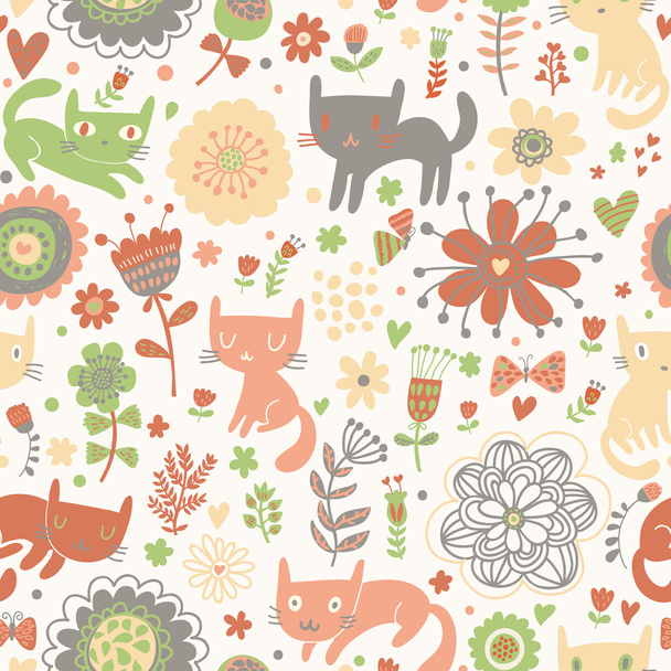 Bright seamless pattern with cats and butterflies - Vector, Imagen