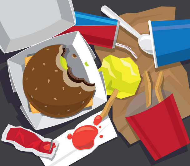 Single-use waste generated after a take-away fast-food meal - Vector, Image