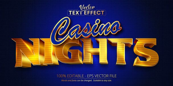Casino Nights text, shiny golden and blue color style editable text effect - Vector, imagen