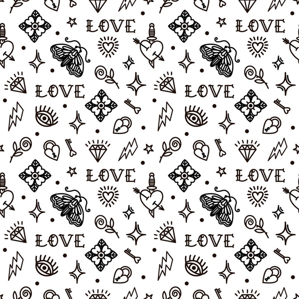 Old school tattoo naadloos patroon met liefdessymbolen. Ontwerp voor Valentijnsdag - Foto, afbeelding
