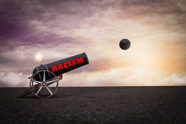 Dělo rasismu vrhá dělovou kouli demonstrující rasistické nebezpečí a koncepci rizika diskriminace. 3D ilustrace - Fotografie, Obrázek