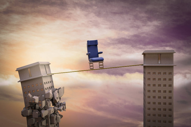 Flugzeug-Stuhl auf einem Seil mit einem Wolkenkratzer bereit zum Sturz demonstriert Gefühle von Kampf oder Flugangst. 3D-Illustration - Foto, Bild