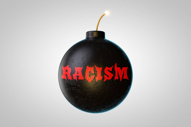 Bomba s nálepkou rasismus ve lístku demonstrující rasismus nebezpečí a koncepce rizika diskriminace. 3D ilustrace - Fotografie, Obrázek