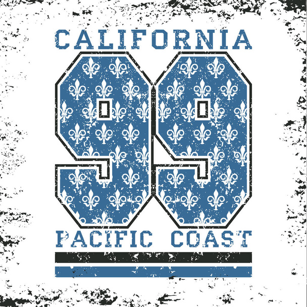 Los Angeles CA, Pazifikküste, Mode Typografie, Design von Sportabzeichen, Nummer mit floralem Ornament, grafisches Drucklabel - Foto, Bild