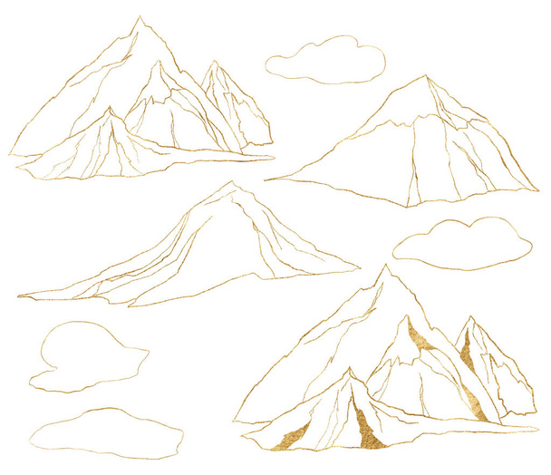 山や雲の水彩金の線形セット。白を基調としたミニマルなイラストを手描き。デザイン、プリント、ファブリックまたは背景のために. - 写真・画像