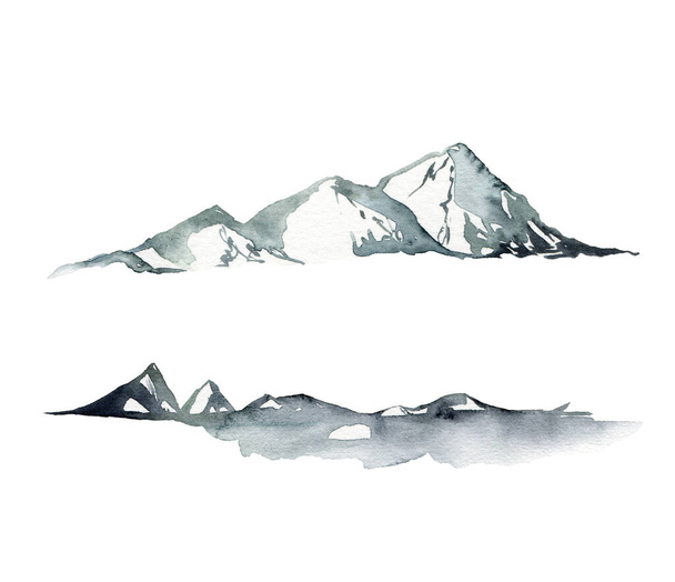 Υδατογραφία χειμώνα μινιμαλιστική κάρτα του χιονιού και των βουνών. Χειροποίητες αφηρημένες εικόνες από έλατα, απομονωμένες σε λευκό φόντο. Εικόνα διακοπών για το σχεδιασμό, την εκτύπωση, το ύφασμα ή το φόντο. - Φωτογραφία, εικόνα