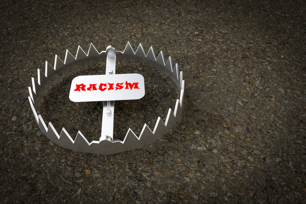 Metal racism trap on asphalt demonstrating racism danger and discrimination risk concept. 3D illustration - Photo, Image
