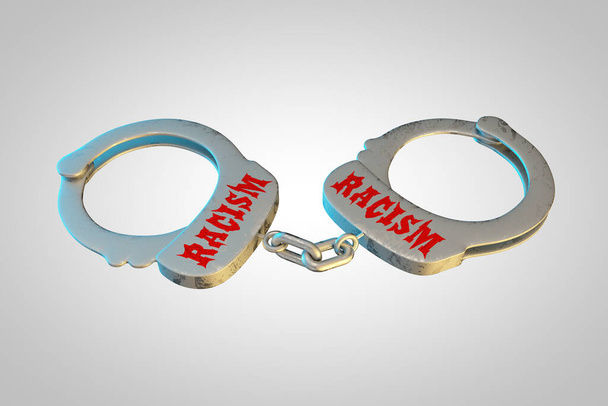 наручники зі словом расизм демонструють расизм небезпеку та концепцію дискримінаційного ризику. 3D ілюстрація
 - Фото, зображення