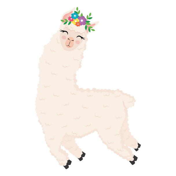 carino alpaca esotico con fiori in testa - Vettoriali, immagini