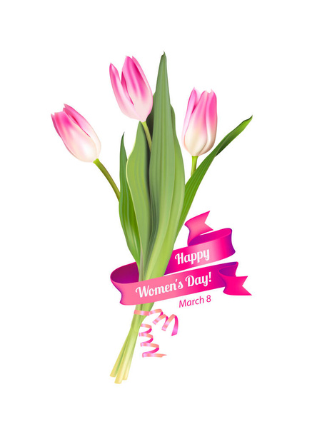 8 de marzo. Feliz día de las mujeres. Tarjeta vectorial con tulipanes - Vector, imagen