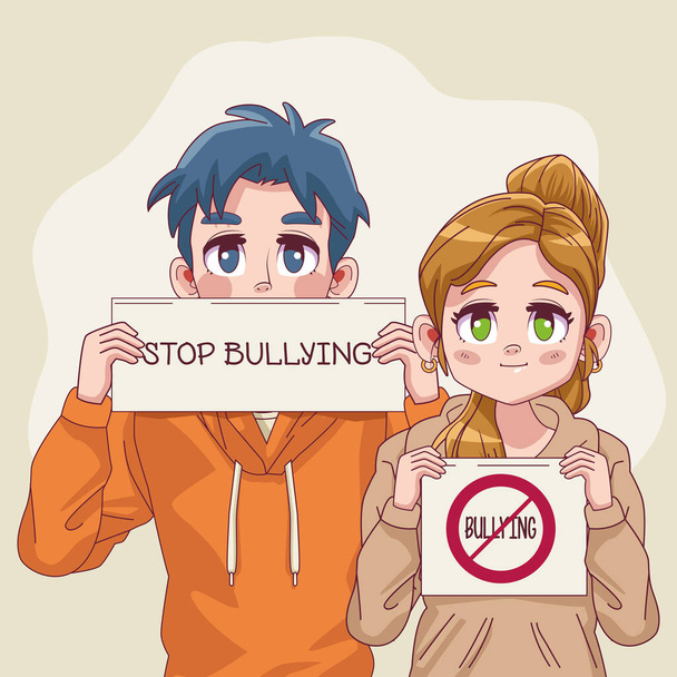 若い10代のカップルがバナーで文字をいじめるのをやめ - ベクター画像