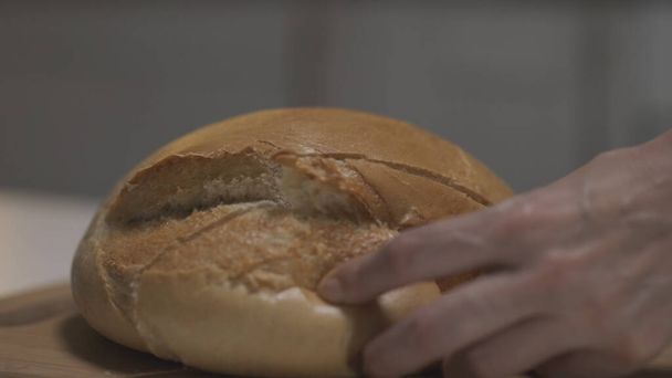 Close up of female hands slicing white bread in slow motion on a wooden board. Action. Cutting freshly baked round shaped loaf of white bread with a steel knife. - Photo, Image