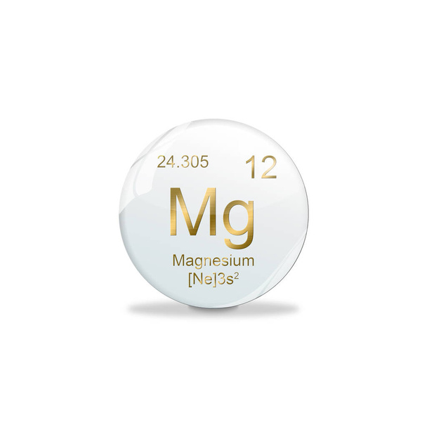 Символ магнію - Mg. Елемент періодичної таблиці на білому м'ячі з золотими знаками. Білий фон
 - Фото, зображення