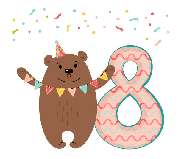 Birthday card bear garland number eight vector - Vector, afbeelding