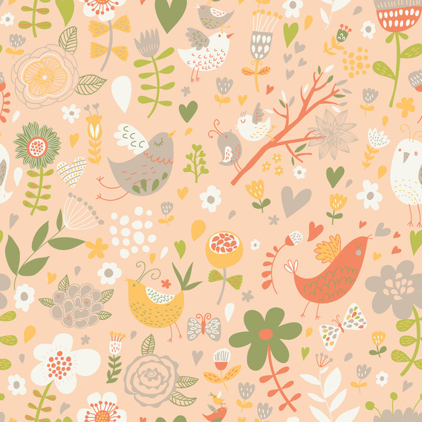 Pattern with birds, hearts and butterflies. - Vektor, Bild