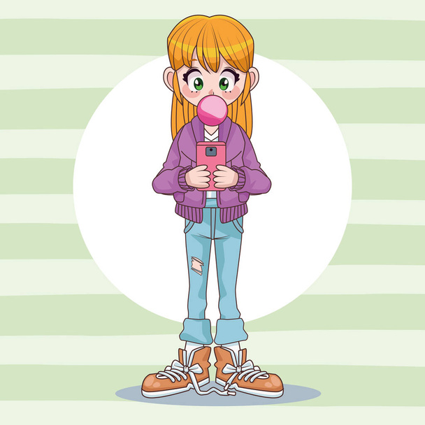 mooi tiener meisje met behulp van smartphone met Buble kauwgom anime karakter - Vector, afbeelding