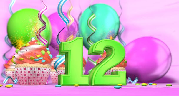 cupcake d'anniversaire avec bougie étincelle avec le numéro 12 grand en vert avec cupcakes à la crème rouge décoré de pépites de chocolat et ballons sur le dos sur un fond rose. Illustration 3D - Photo, image