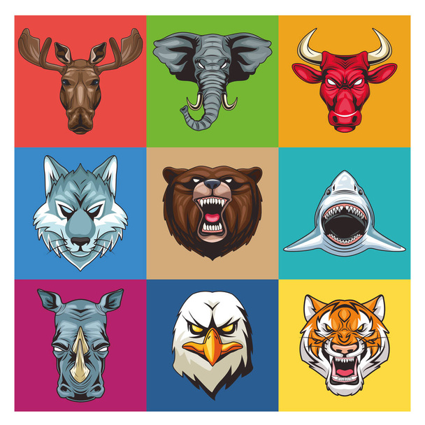 kilenc vadon élő állat fej karakterekből álló köteg - Vektor, kép