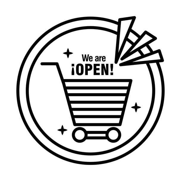 reopening lettering with shopping cart in sticker line style icon - Vector, Image