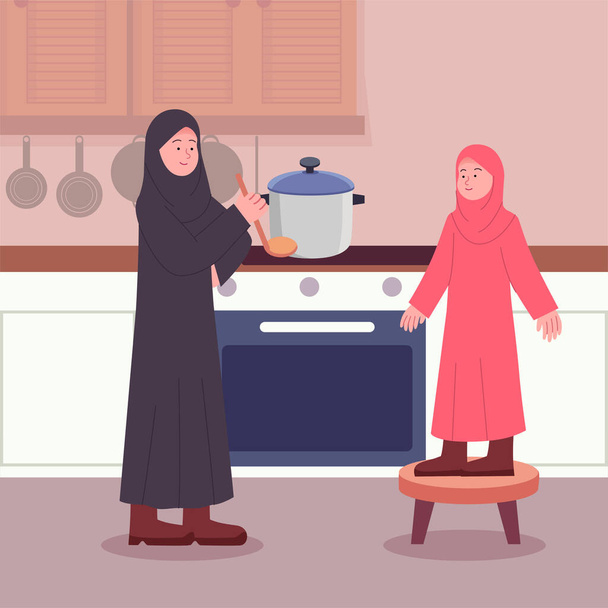 Glücklich arabisch mutter und tochter im küche - Vektor, Bild