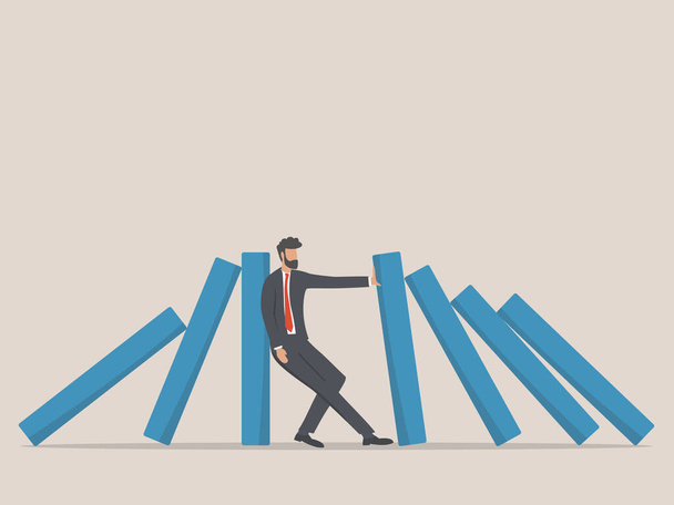 Businessman stopping falling domino. Symbol of crisis, risk, management, leadership concept. - Vector, Image