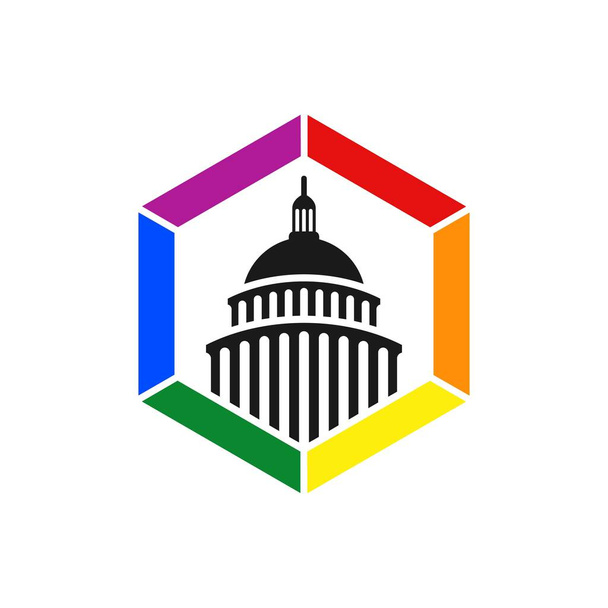 Ícone da cúpula do Capitólio em Washington DC. Forma hexágono símbolo da bandeira do orgulho do arco-íris LGBT. - Vetor, Imagem