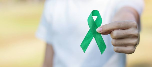 Nainen, jolla on vihreä nauha ihmisten elättämiseen ja sairauteen. Maksa, sappirakko sappitiehyen, munuaissyöpä ja lymfooma Tietoisuus kuukausi käsite - Valokuva, kuva